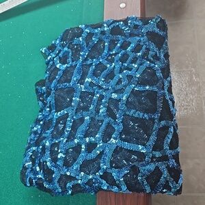 Sparkly blue sequined on black mesh fabric. None stretch. About 55" x 55".